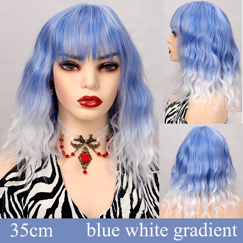 Synthetic Short Water Wave Cosplay Bob Wig with Bangs Heat-resistant Fiber Lolita Wigs For Women Daily Wear