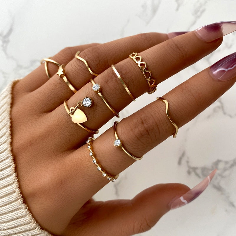 Boho Gold Color 22pcs Heart Rings Set For Women Vintage Geometric Cross Pearl Butterfly Finger Ring Women Jewelry