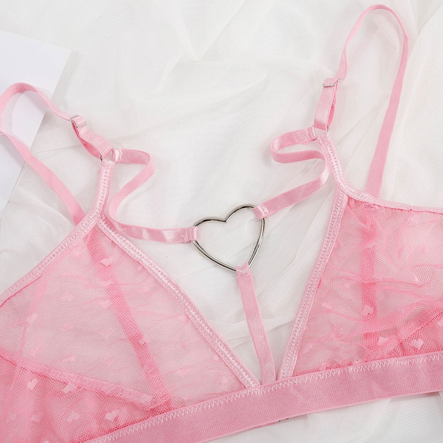 Women Lace Sensual Lingerie Set Sexy Dot Thong Erotic Underwear Mesh See Through Heart Ring Bra Bandage G-string Panties Suit