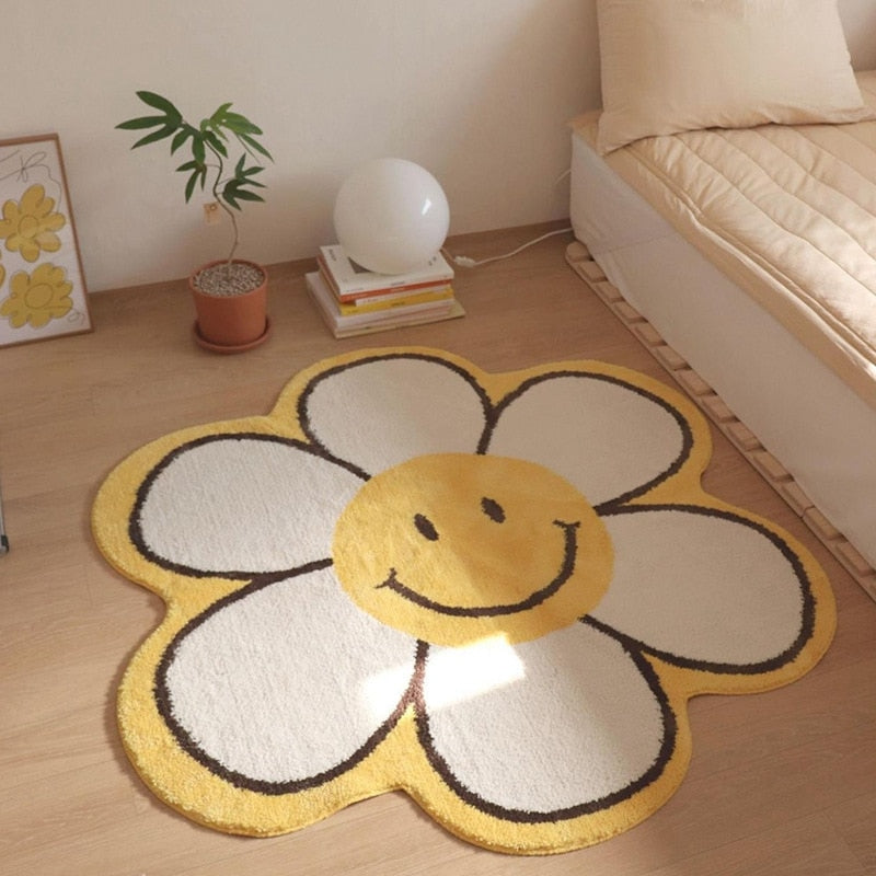 Flower Rug Living Room Nordic Smiley Flower Carpet Bedroom Bedside Area Rugs Plush Floor Mat Home Decor Non-slip Bath Mat