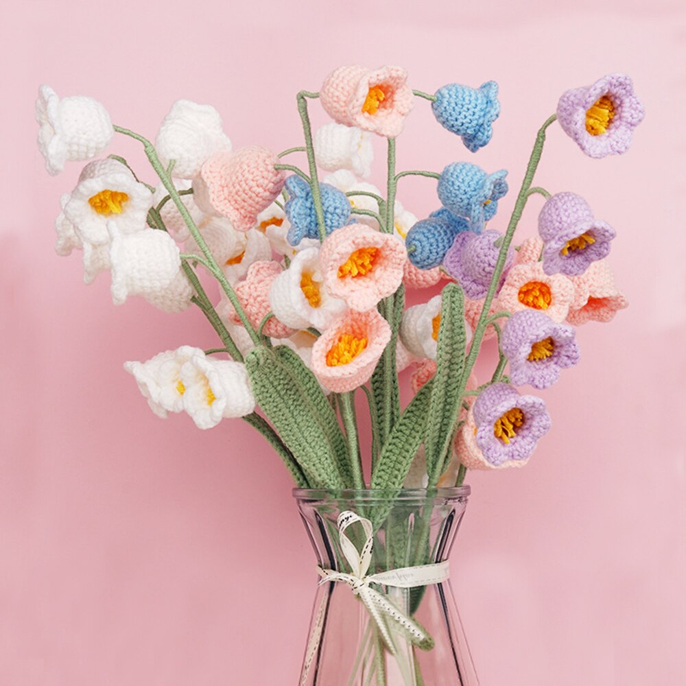 5pcs Finished Handmade Hand-knitted Yarn Crochet Lily of the Valley Artificial Flowers Bouquet Birthday Gift Home Decor