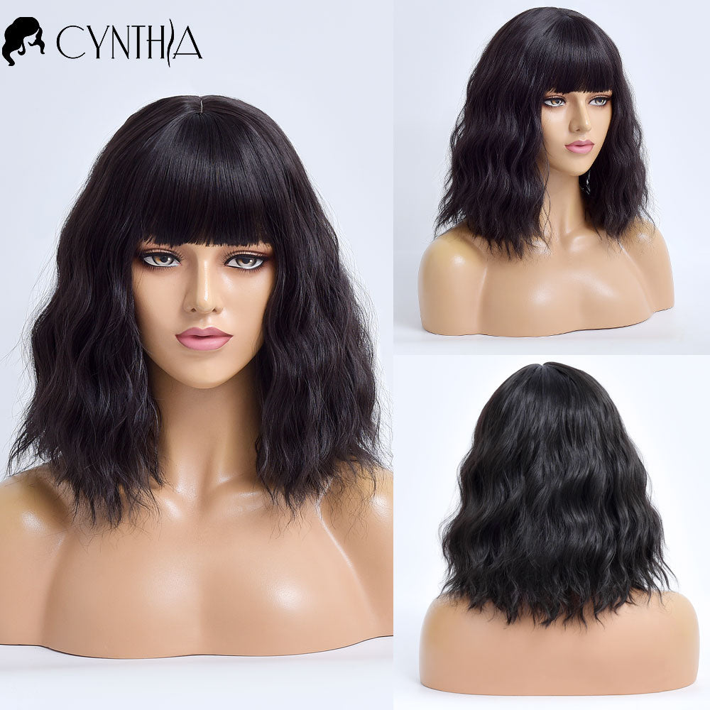 Ombre Blonde Short Bob Synthetic Wig For Women With Bangs White Gold Body Wave Cosplay Lolita Natural Heat Resistant Hair