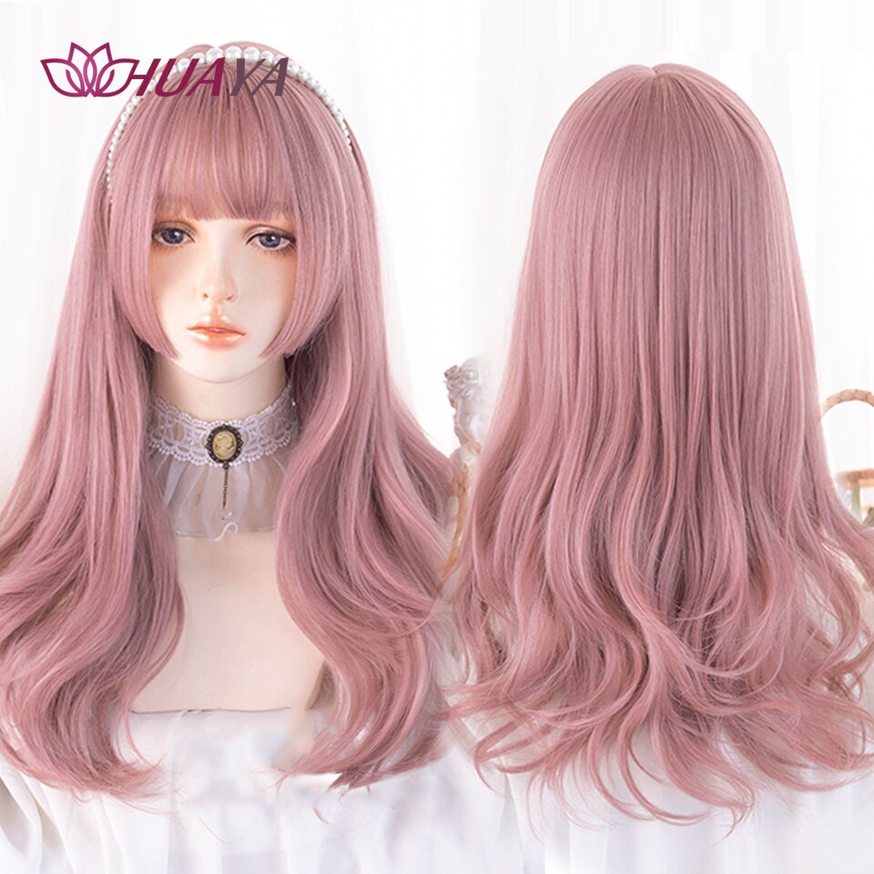 Long Straight Wig with Bangs Purple-White Heat Resistant Synthetic Hair Wigs for African American Girl Lolita Cosplay Wig