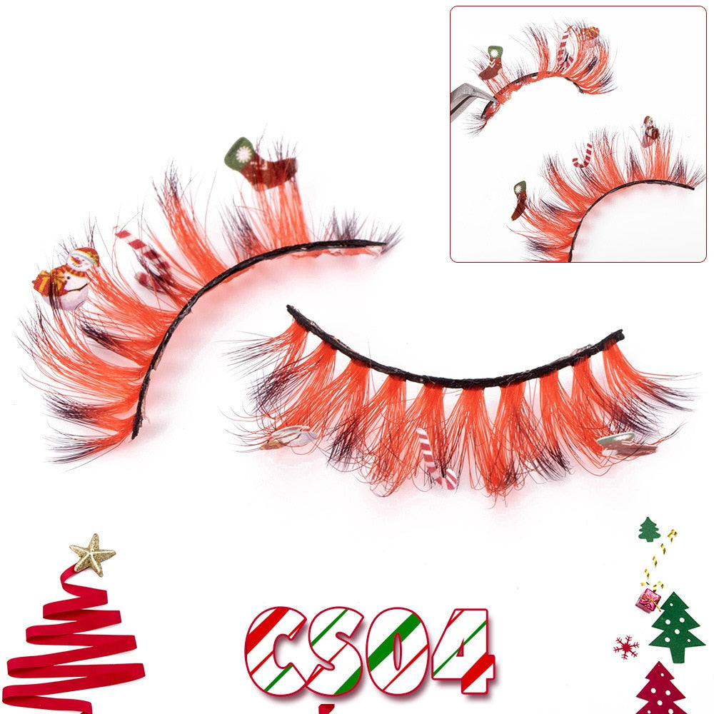 Faux Mink Lashes with Christmas Cartoon 3D False Eyelashes Christmas Party Makeup 25MM Eyelash Charming Colored Glitter
