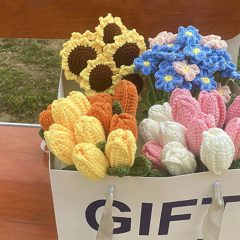 knitting Rose Flower Daisy Bouquet Sunflower Hand-Knitted Fake Flower knit flower Home Creative Decorate Gift