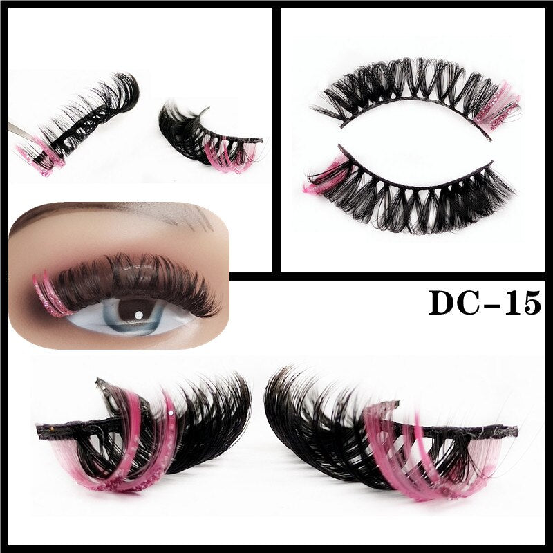 Shiny Red Blue Purple Pink Mix 3D Colored Eyelashes Ombre Vegan Strip D Curl Lashes Natural Dramatic Glitter Lashes