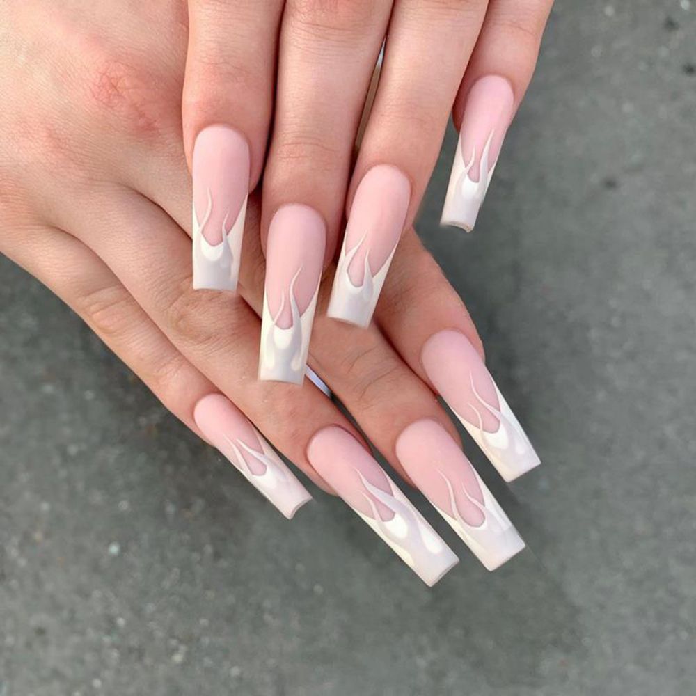 24pcs/Box Glitter Coffin False Nails Pink/White Heart Design French Ballerina Fake Nails Full Cover Nail Tips Press On Nails