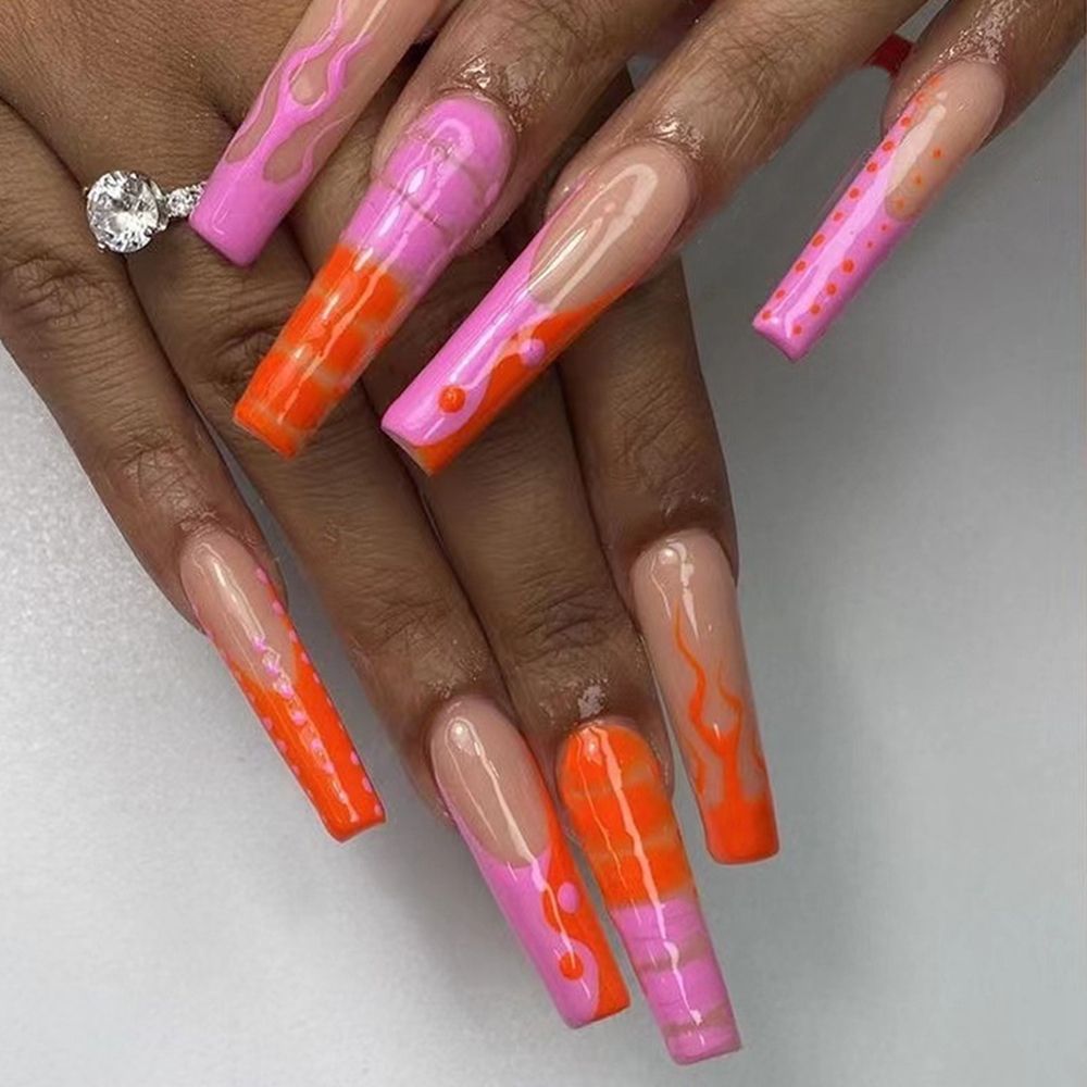 24pcs/Box Glitter Coffin False Nails Pink/White Heart Design French Ballerina Fake Nails Full Cover Nail Tips Press On Nails