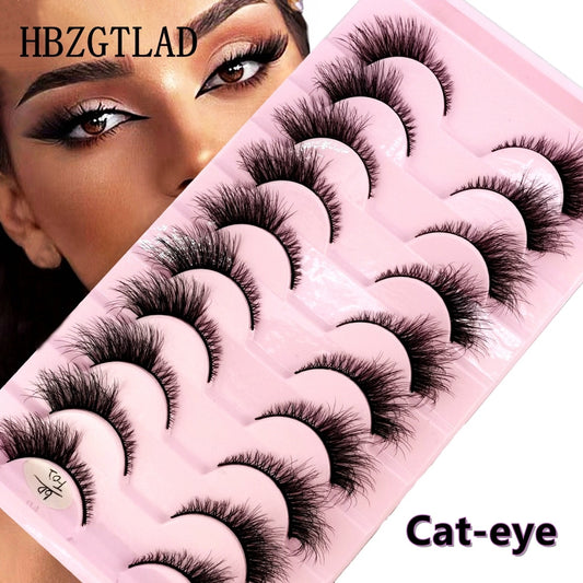 10Pairs Cat-Eye 3D Mink Eyelashes Curled Winged Natural Realistic Messy End Eye Elongated False Eyelashes Soft Fake Eyelashes