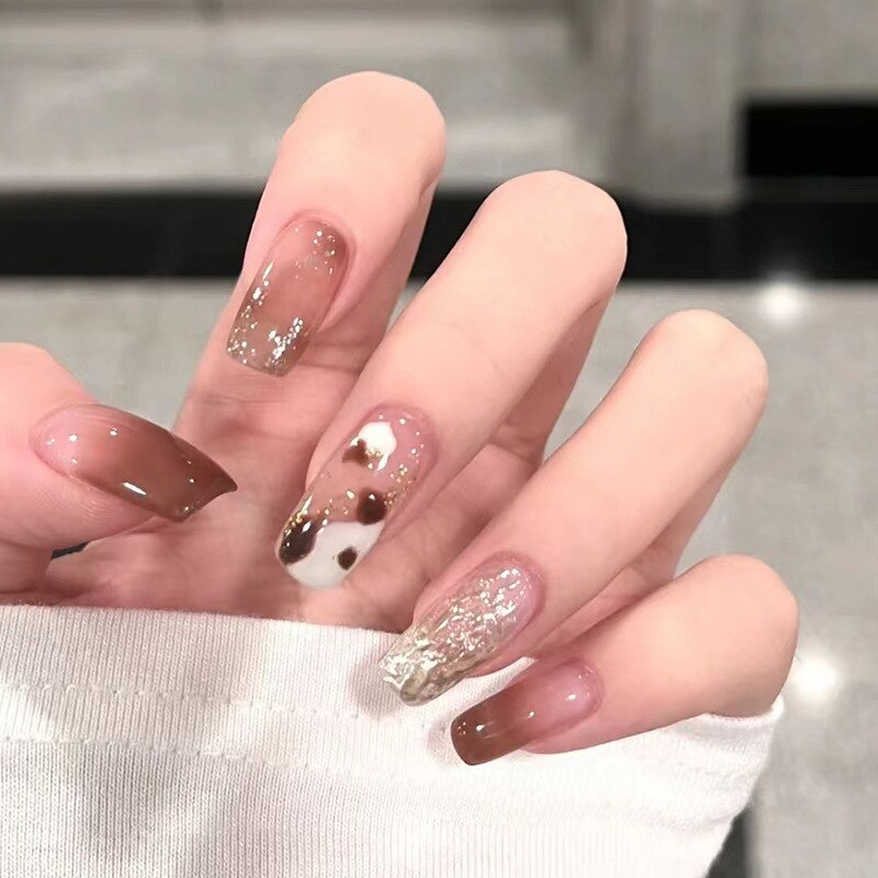 24pcs pink clouds design false nails with glue press on nails medium length acrylic nails coffin full cover nails tips supplies
