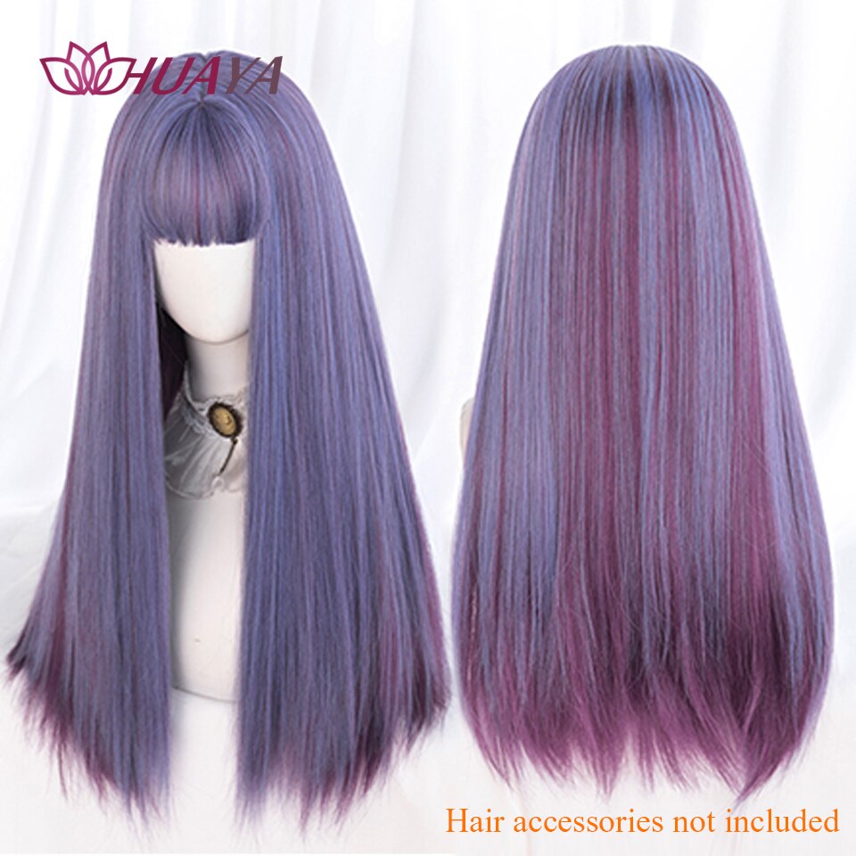 Long Straight Wig with Bangs Purple-White Heat Resistant Synthetic Hair Wigs for African American Girl Lolita Cosplay Wig