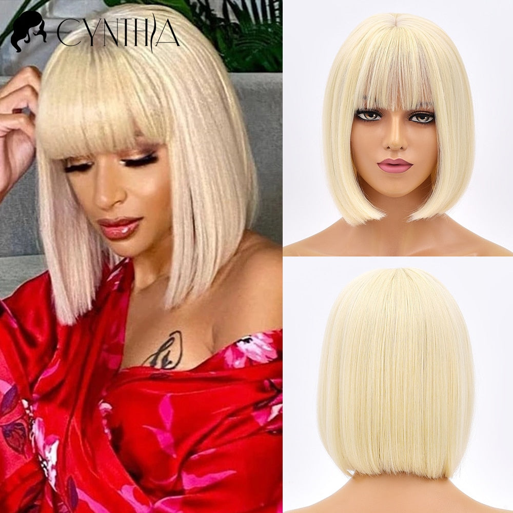 Green Short Bob Hair Synthetic Wig For Woman With Bangs Blonde Ombre Pink Cosplay Lolita Party Heat Resistant Daily Natural Hair