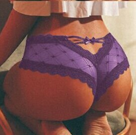 Women Cage Back Panties Sexy Lace Mesh Back Hole Perspective Wave Shape Bow Underwear Ladies Briefs S-XL