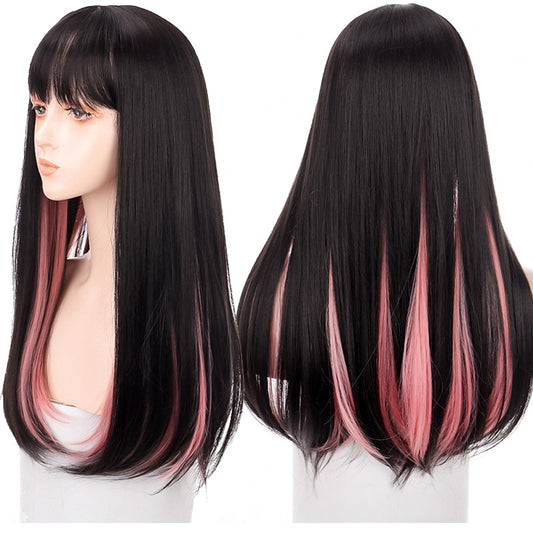Synthetic Long Straight Hair Ombre Black Mixed Red Natural Wig Cosplay Wig with Bangs Lolita Anime Wig Party Wig for Women