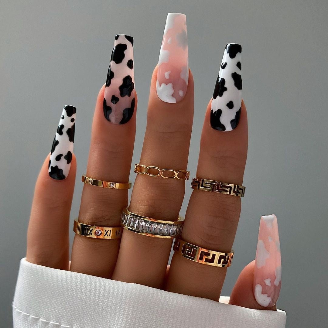 24/30Pcs Pink Leopard Designs False Nails French Long Coffin Fake Nail Artificial Full Cover Nail Art Tips Press on Nail