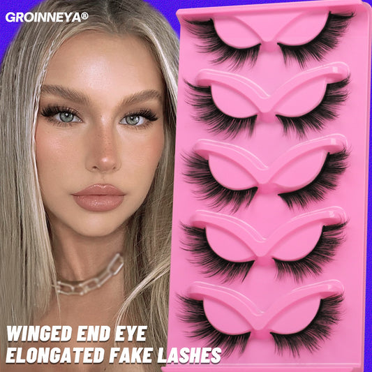 5 Pairs Cat Eye 3D Mink Lashes Short Fluffy Eyelashes Winged End Eye Elongated False Eyelashes Lashes Extension