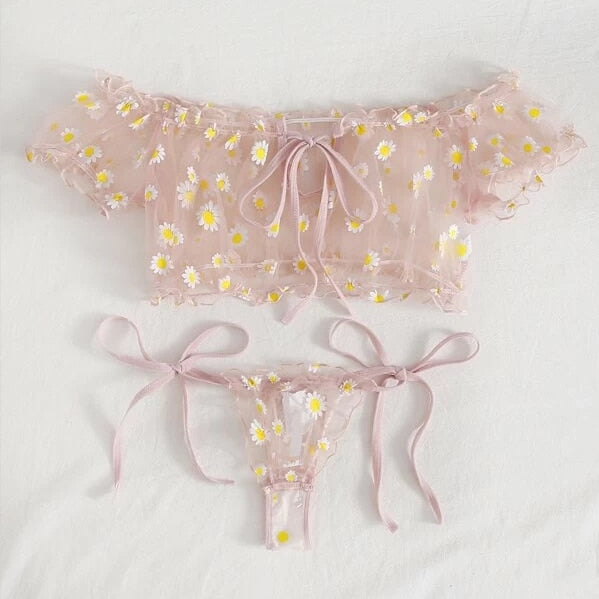 Sexy Women Underwear Lace Floral Wire Free Lingerie Set Off-Shoulder Small Chest Bralette+Thong Beachwear Transparent Bra Set