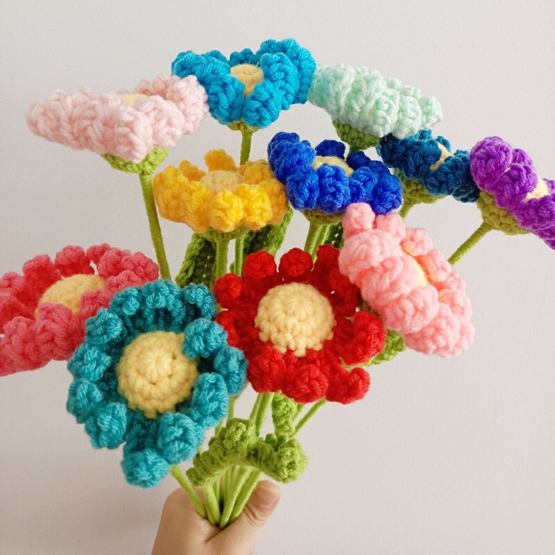 Finished 10pcs Hand-knitted Handmade Yarn Crochet Sunflower Bouquet Decorative Artificial Daisy Flowers Home Decoration
