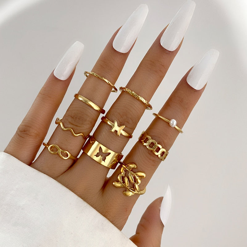 Boho Gold Color 22pcs Heart Rings Set For Women Vintage Geometric Cross Pearl Butterfly Finger Ring Women Jewelry