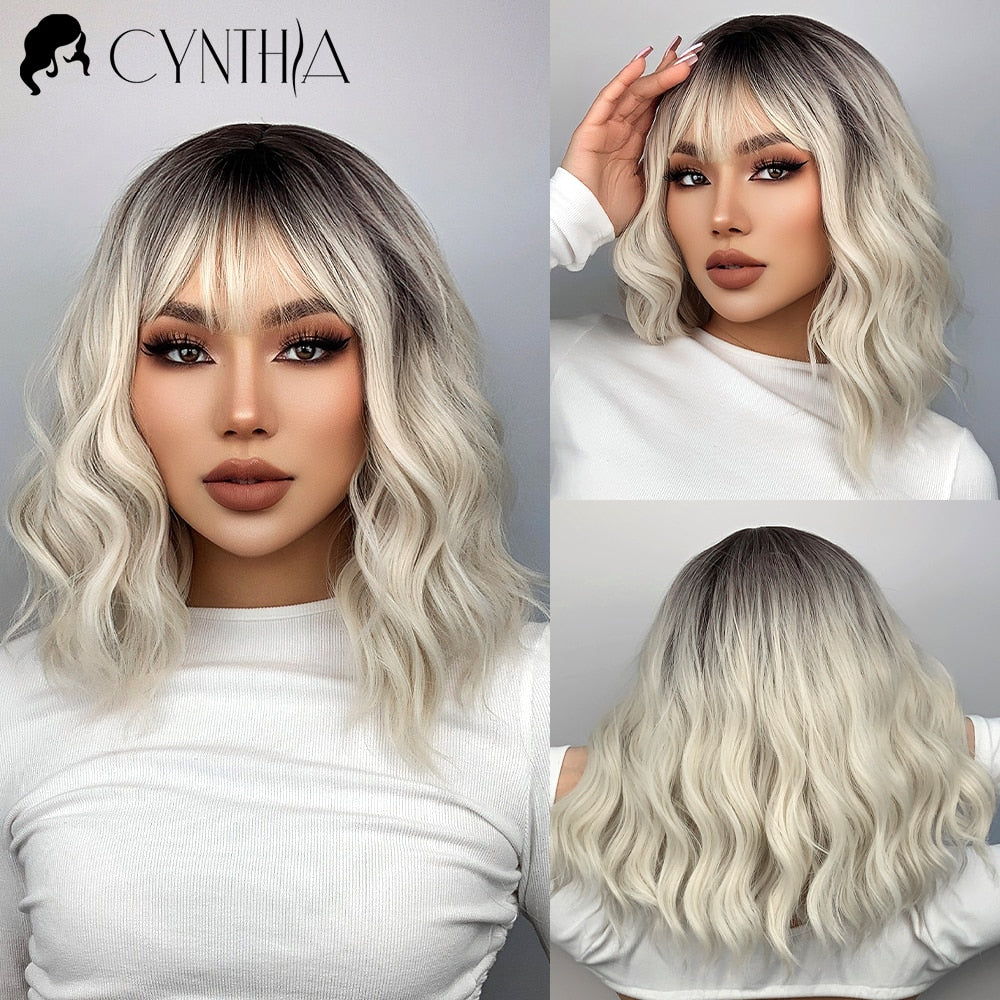 Cynthia Blue Ombre Short Bob Synthetic Wigs For Women With Bangs Body Wave Cosplay Lolita Wig White Natural Heat Resistant Hair