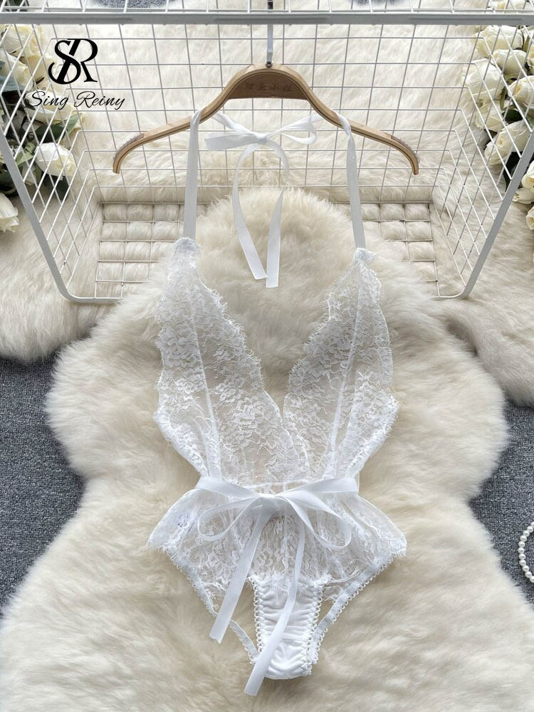 Erotic Mesh Sheath Rompers Women Backless Sensual Underwear Short Playsuits Ladies Transparent Lace Sexy Bodysuits