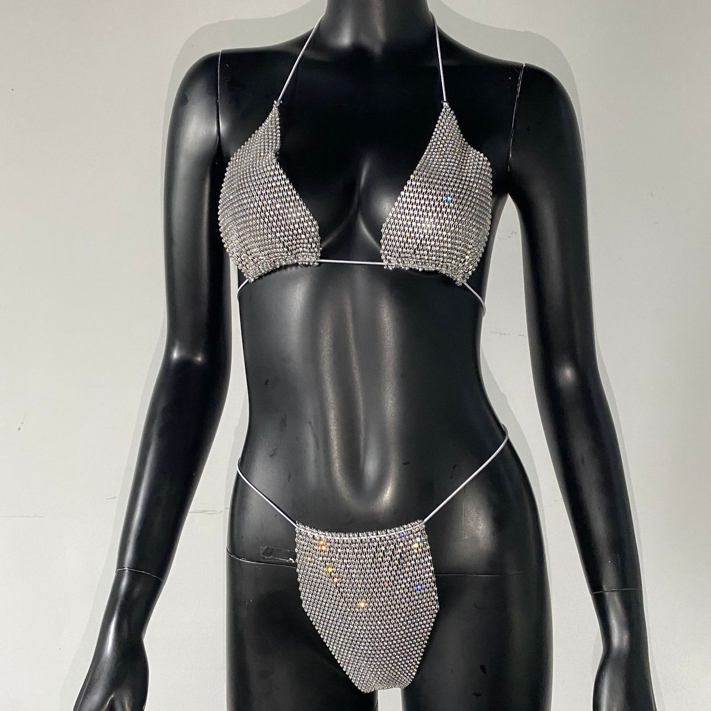 Bling Rhinestones Fishnet Bikini Women Halter Bra Sexy Panty 2 Piece Outfits Lady Lingerie Set Sexy Swimwear Women