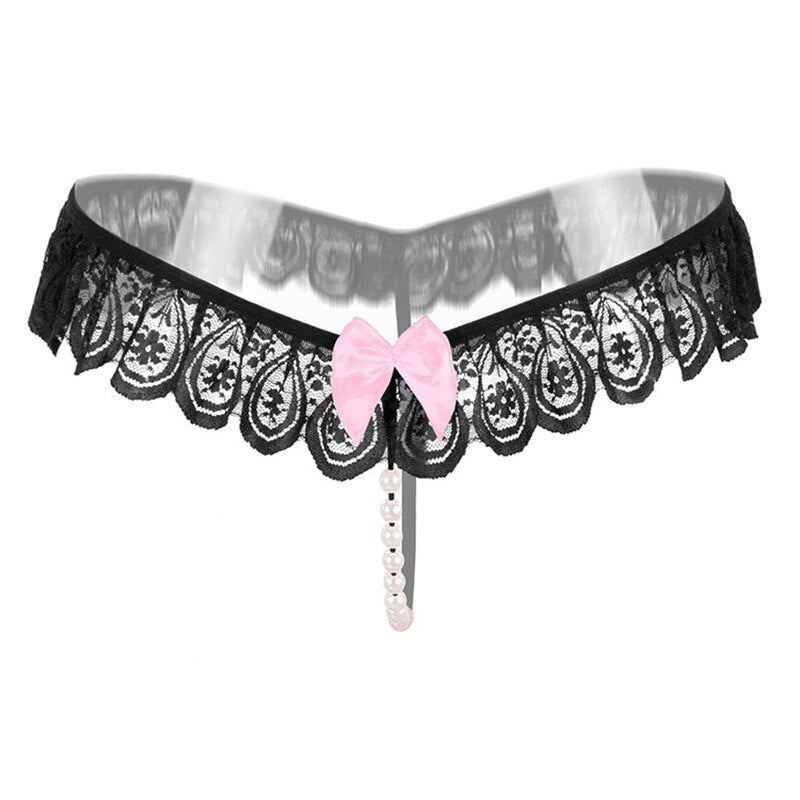 Pearl Massage Sexy Thong Hot Lace Embroidery Transparent Panties Women Sexy Lingerie Low Waist Hollowed Out T-back Femme Tangas