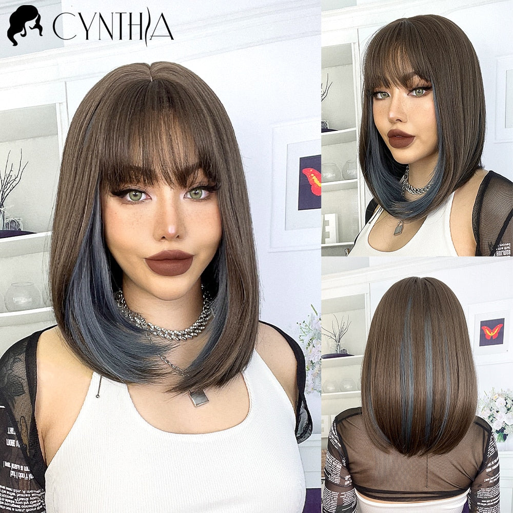 Green Short Bob Hair Synthetic Wig For Woman With Bangs Blonde Ombre Pink Cosplay Lolita Party Heat Resistant Daily Natural Hair