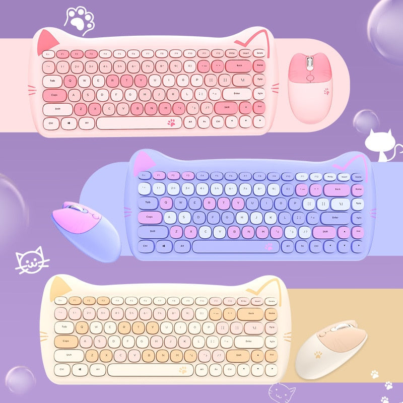 Cute Cat 2.4G Wireless Ergonomics Keyboard Set Mixed Candy Color Keycap Keyboard and Mouse Comb for Laptop Notebook PC