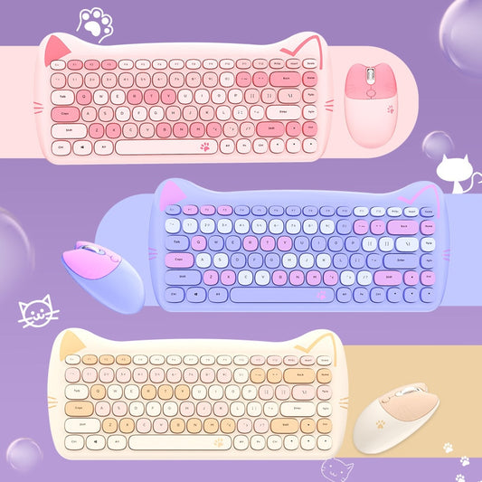 Cute Cat 2.4G Wireless Ergonomics Keyboard Set Mixed Candy Color Keycap Keyboard and Mouse Comb for Laptop Notebook PC