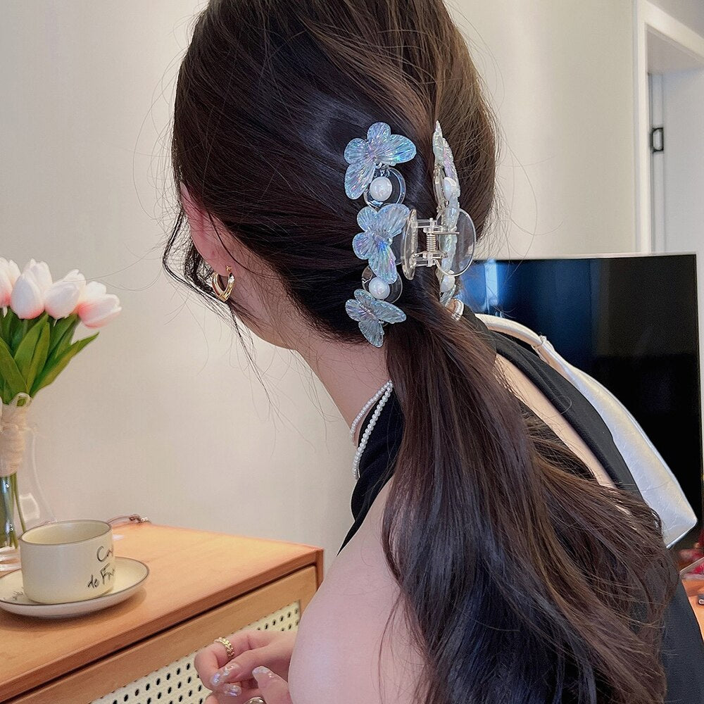 Chic Pearls Hair Claws Elegant Handmade Butterfly Hair Clips Temperament Hairpins Crab Headwear