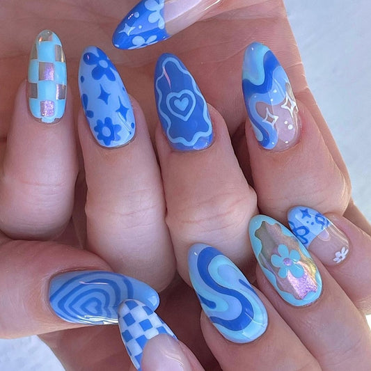 24pcs Girlish Colorful Graffiti Nail Art Fake Nails With Plants Flowers Patterns Short Press on False Nails With Wearing Tools