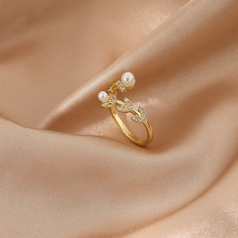 Luxury Gold Color Pearl Zircon Rings Vintage Sexy Open Joint Elegant