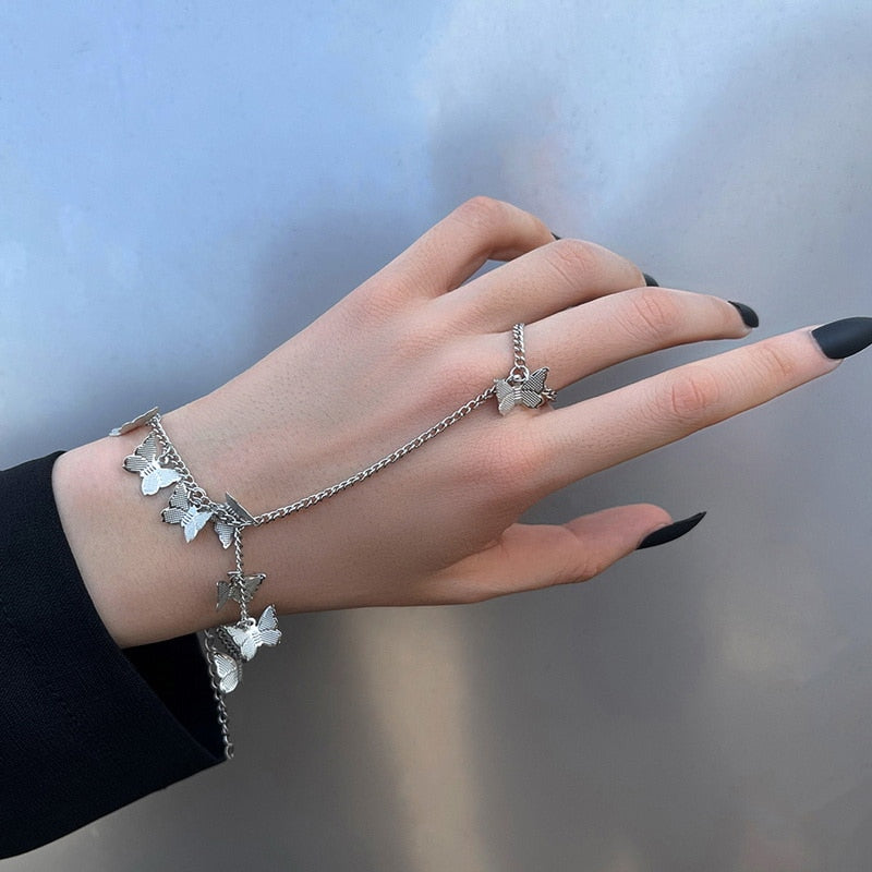 Vintage Boho Crystal Butterfly Flower Rings Set For Women Elegant Geometric Leaf Chain Tassel Knuckle Finger Rings Party Jewelry