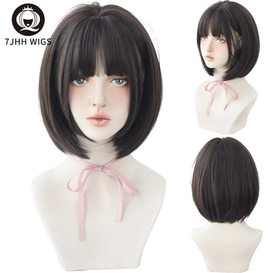 WIGS Black Short Bob Wig for Girl Daily Wear Synthetic Wig Natural Supple Summer Heat resistant Wig With Bangs