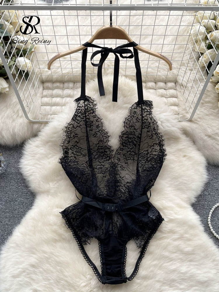 Erotic Mesh Sheath Rompers Women Backless Sensual Underwear Short Playsuits Ladies Transparent Lace Sexy Bodysuits