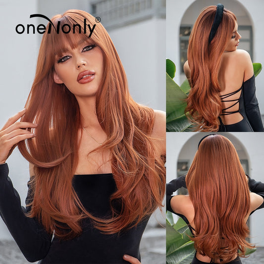Ginger Red Wig with Bangs Long Wave Synthetic Wigs for Women Cosplay Natural Wig Hair Heat Resistant Fiber