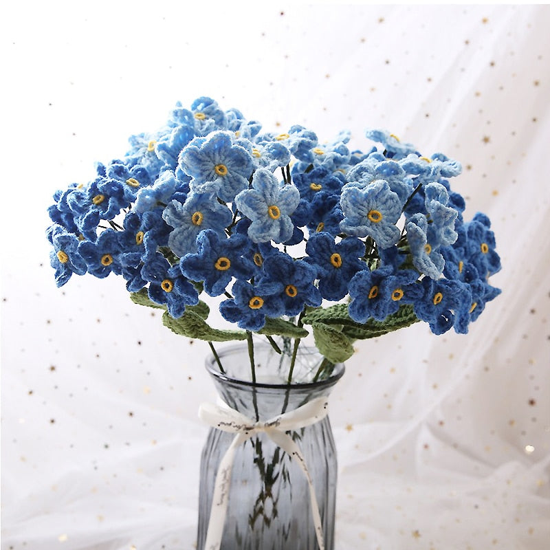 Artificial Crochet Flower Bouquets Forget Me Not Hand Knitted Flowers Finished Homemade Handicraft Gift Home Decorations