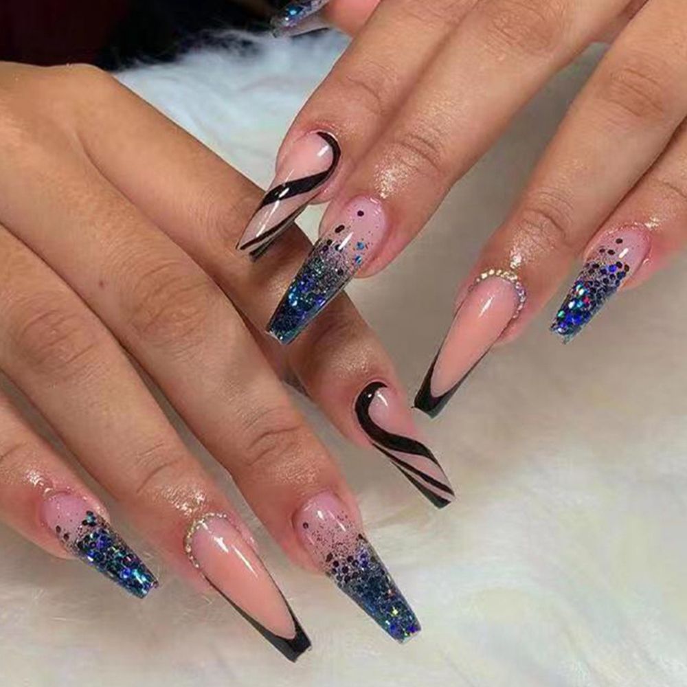 24pcs/Box Glitter Coffin False Nails Pink/White Heart Design French Ballerina Fake Nails Full Cover Nail Tips Press On Nails