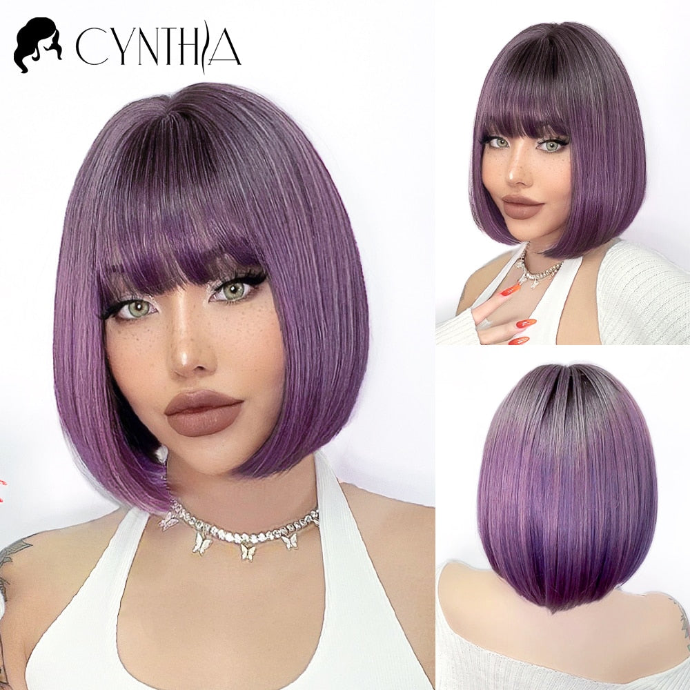 Green Short Bob Hair Synthetic Wig For Woman With Bangs Blonde Ombre Pink Cosplay Lolita Party Heat Resistant Daily Natural Hair
