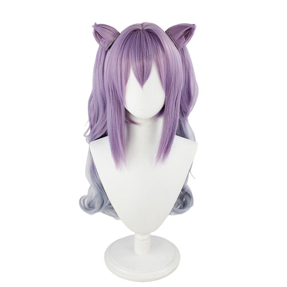GenshinKe Qing Cosplay Long Double Ponytail Ladies Synthetic Light Purple Wig With Bangs Gradient Light Color Wig + Free Wig Cap