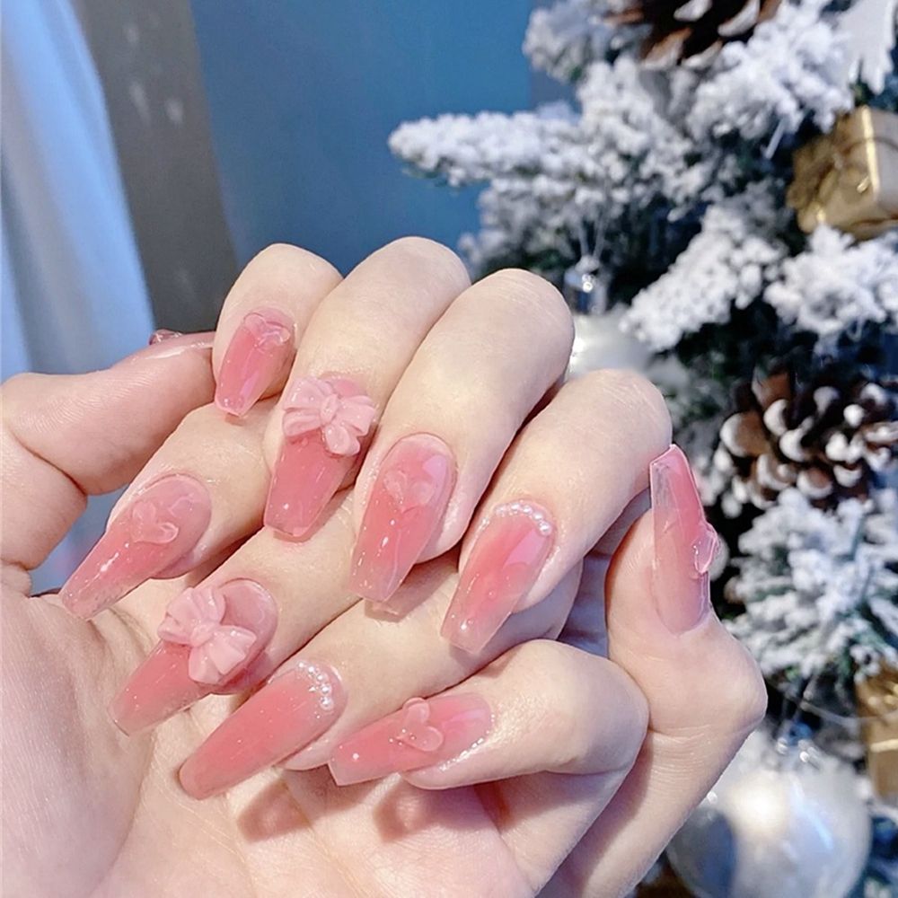 24 Pcs Artificial Wavy Line Long Round Almond False Nails Wearable French Fake Nails Full Cover Nail Tips Press On Nails