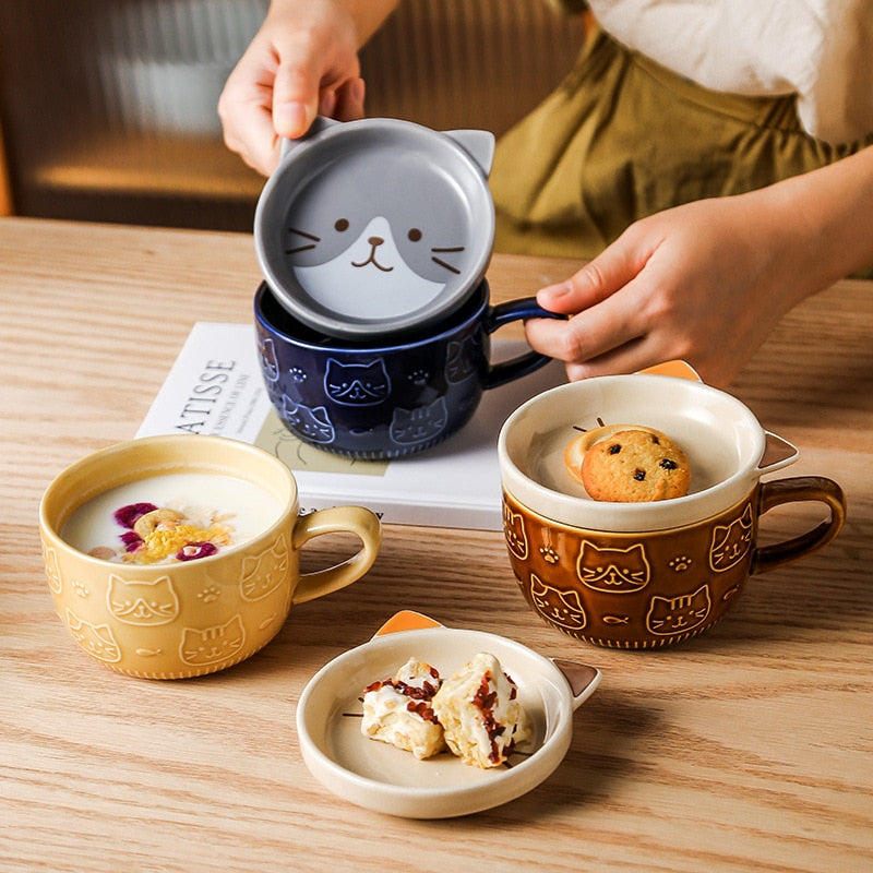 Japanese ceramic cartoon cat mug cute breakfast mug milk mug creative coffee mug with lid couple cup filiżanka porcelanowa