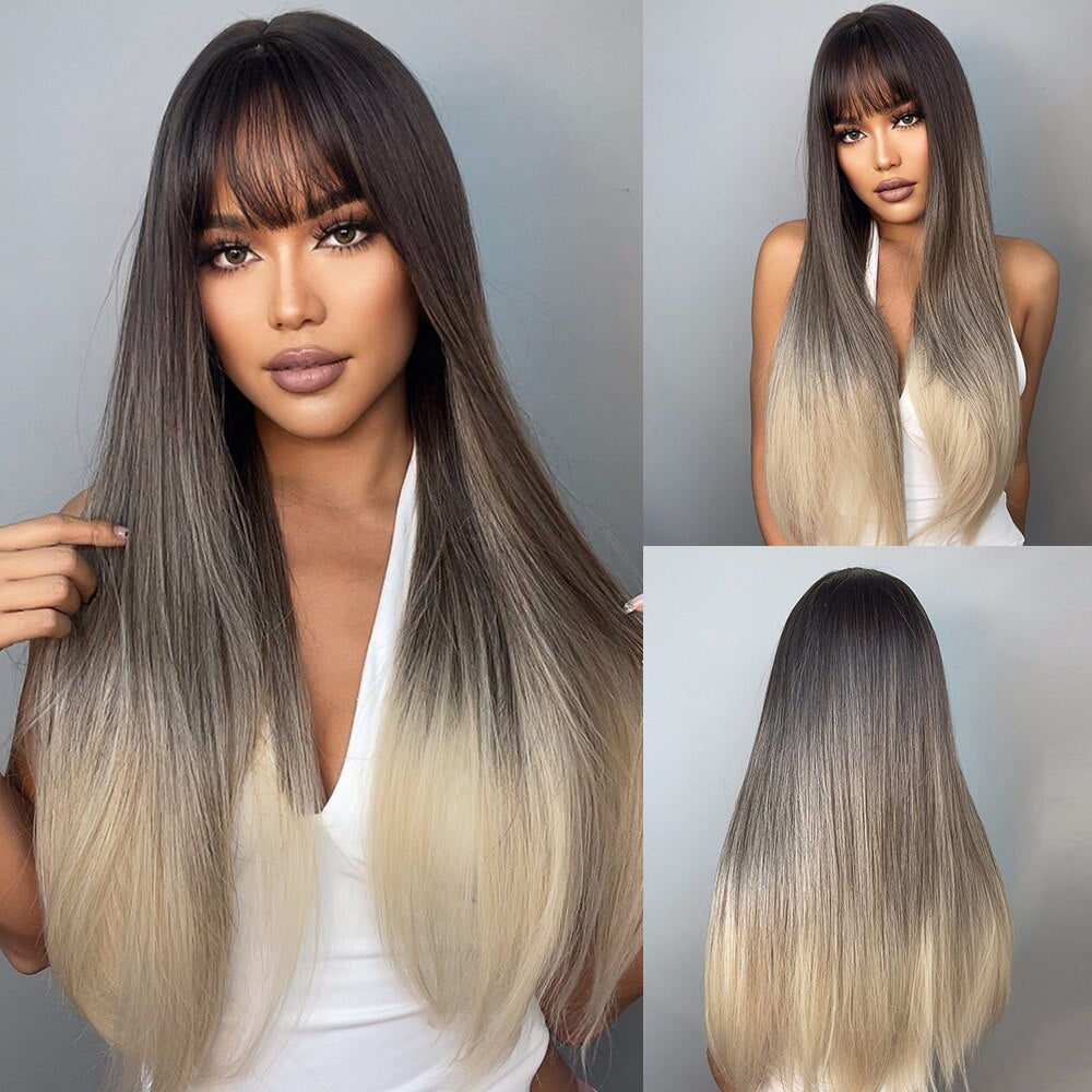 Long Straight Synthetic Wig Ombre Brown Blonde Golden Heat Resistant Wigs Cosplay Party Hair Wig