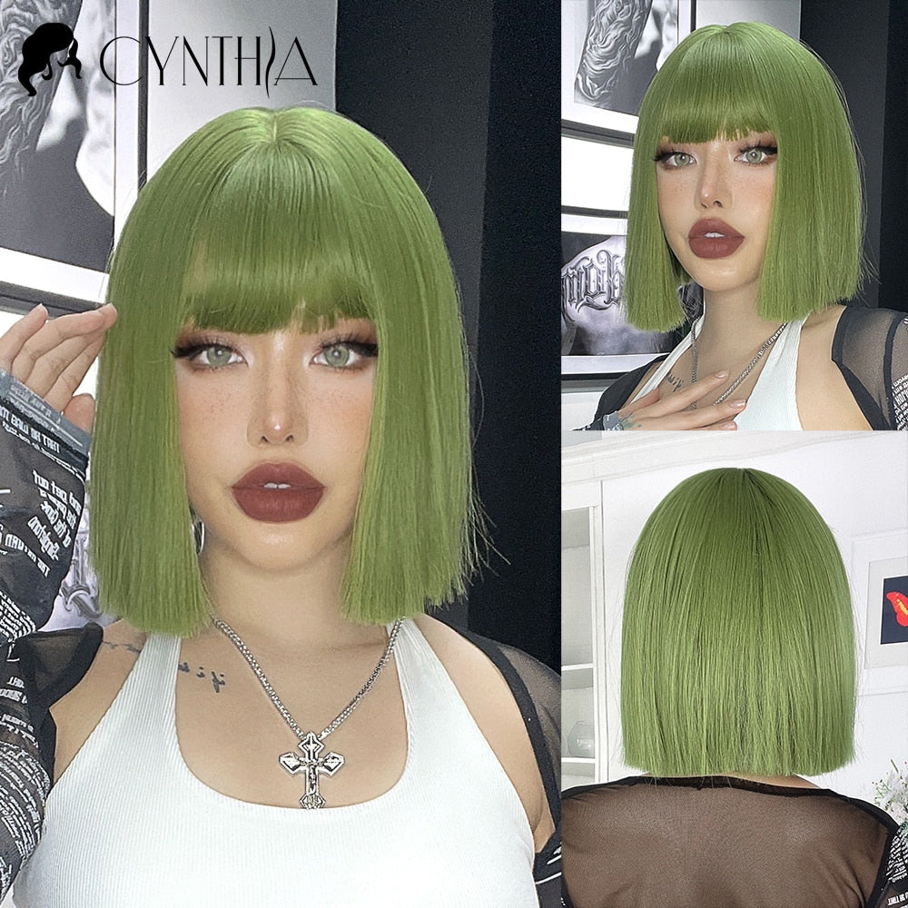 Green Short Bob Hair Synthetic Wig For Woman With Bangs Blonde Ombre Pink Cosplay Lolita Party Heat Resistant Daily Natural Hair