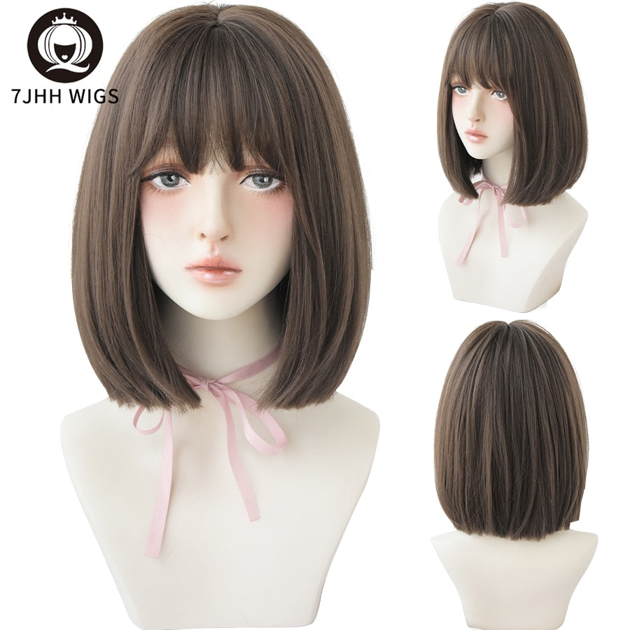WIGS Black Short Bob Wig for Girl Daily Wear Synthetic Wig Natural Supple Summer Heat resistant Wig With Bangs