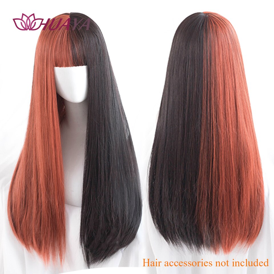 Long Straight Wig with Bangs Purple-White Heat Resistant Synthetic Hair Wigs for African American Girl Lolita Cosplay Wig