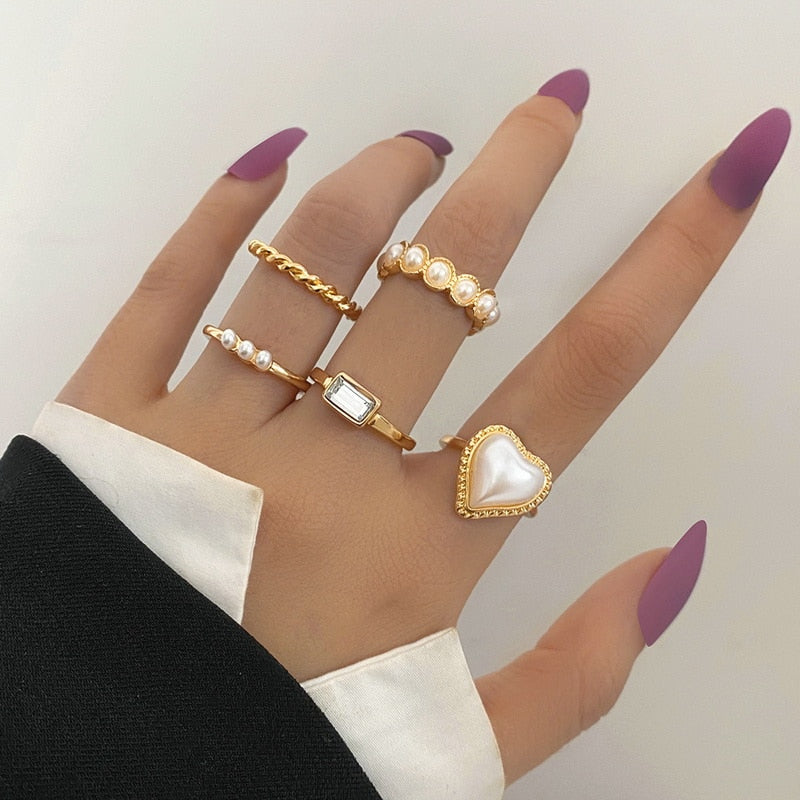 Punk Girl Love Heart Rings Set For Women Personality Harajuku Chain Tassel Silver Color Geometric Ring Gothic Party Jewelry Gift
