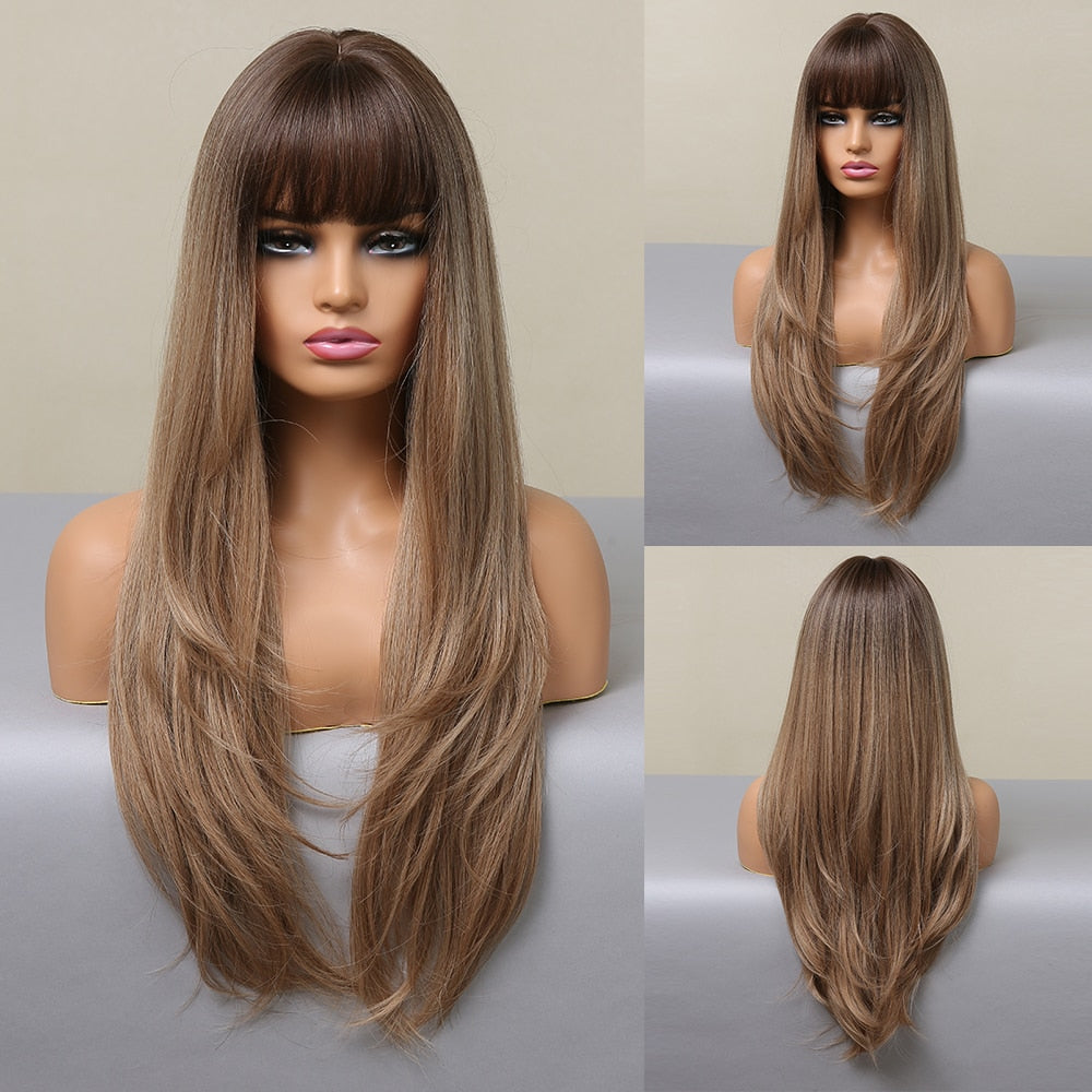Long Straight Synthetic Wig Ombre Brown Blonde Golden Heat Resistant Wigs Cosplay Party Hair Wig