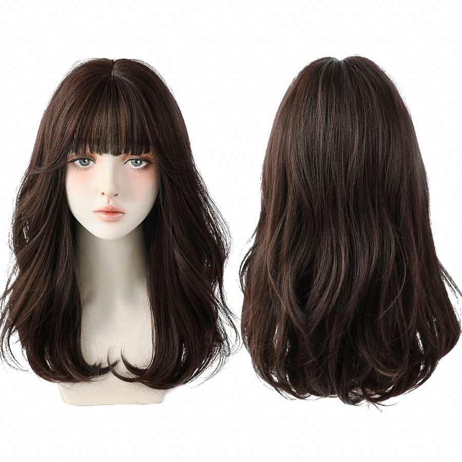 Blue Deep Wave Wig With Bangs Long Omber Brown Hair Layered Heat Resistant Cosplay Party Synthetic Wig